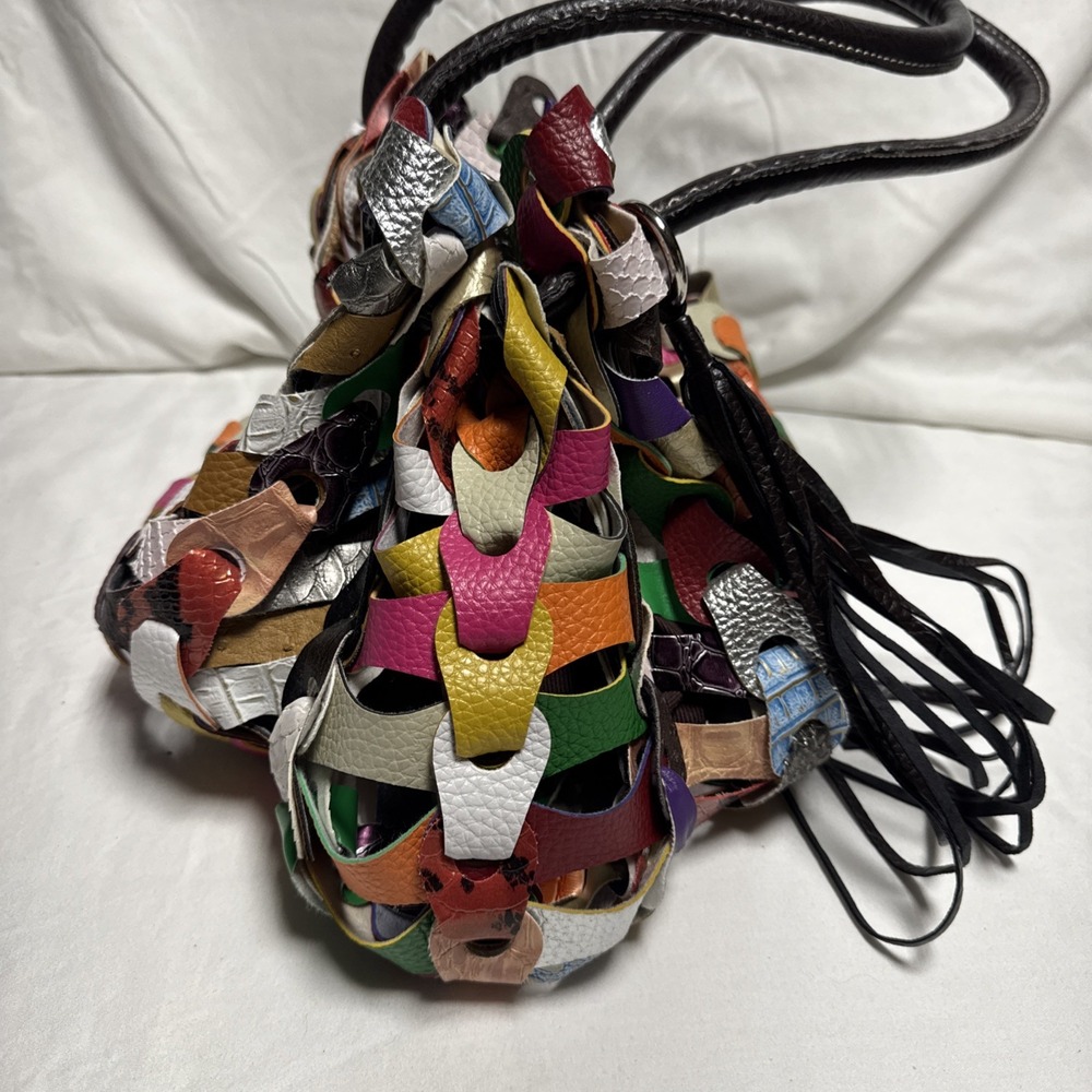Vintage GG…ing Large Multicolored Hobo Bag W/Unique Woven Leather Links Y2K - Picture 3 of 10